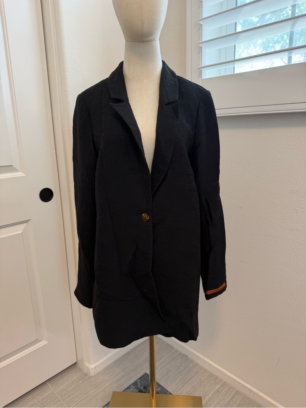 Scotch & Soda Black Single-Button Blazer with Brown Cuff Trim